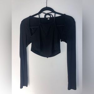 Black long-sleeve cropped tie- up shirt